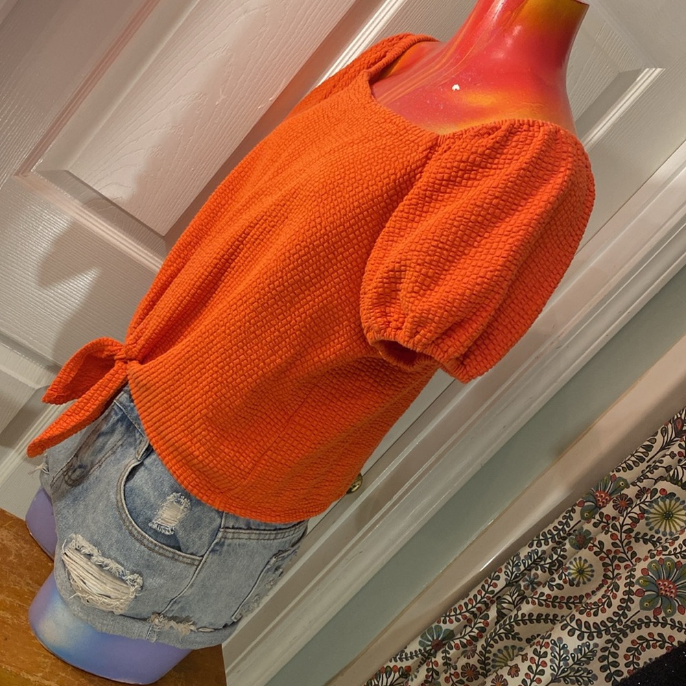 LOFT Orange Puff Sleeve Smocked Blouse - Picture 5 of 11